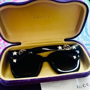 Gucci Rectangle Acetate GG Sunglasses w/ Crystal Stars, Brown Pattern